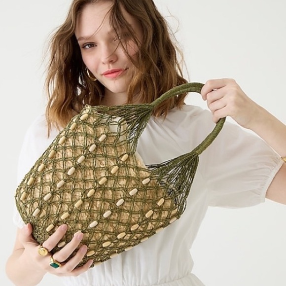 Crew Beaded Straw Basket Bag in Surplus Green